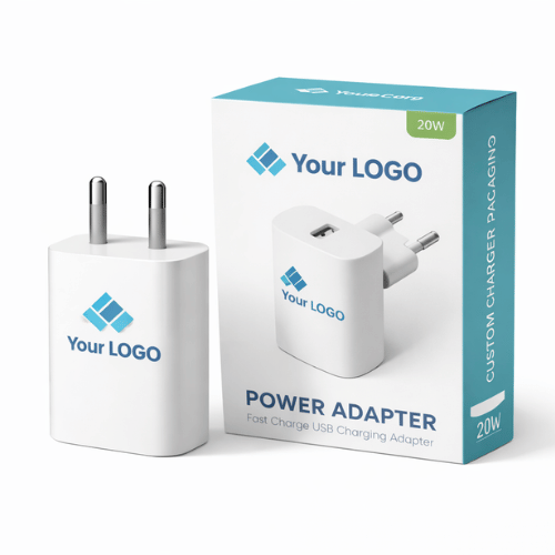 White 20W mobile charger with custom logo branding and retail packaging for OEM and bulk manufacturing in IndiaWhite 20W mobile charger with custom logo branding and retail packaging for OEM and bulk manufacturing in India
